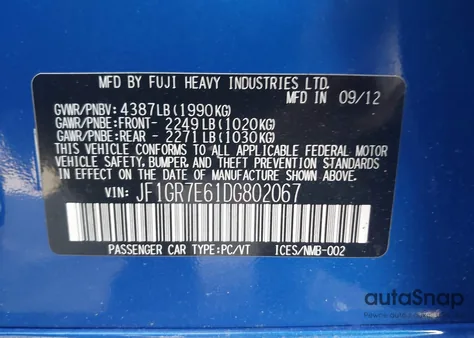 2013 Subaru Impreza Wrx from USA, damaged, VIN JF1GR7E61DG802067
